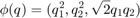 $$\phi(q) = (q_{1}^2, q_{2}^2, \sqrt{2} q_1 q_2)$$