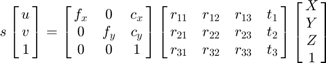 $$ s \left[ {\matrix{ u \cr v \cr 1 }} \right] =
     \left[ {\matrix{ f_x & 0 & c_x \cr
                      0 & f_y & c_y \cr
                      0 & 0 & 1 }} \right]
     \left[ {\matrix{ r_{11} & r_{12} & r_{13} & t_1 \cr
                      r_{21} & r_{22} & r_{23} & t_2 \cr
                      r_{31} & r_{32} & r_{33} & t_3 }} \right]
     \left[ {\matrix{ X \cr Y \cr Z \cr 1 }} \right]$$