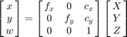 $$\left[ {\matrix{ x \cr y \cr w }} \right] =
  \left[ {\matrix{ f_x & 0 & c_x \cr 0 & f_y & c_y \cr 0 & 0 & 1 }} \right]
  \left[ {\matrix{ X \cr Y \cr Z }} \right]$$