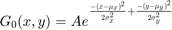 $$ G_{0}(x, y) = A e^{ \frac{ -(x - \mu_{x})^{2} }{ 2\sigma^{2}_{x} } +
                       \frac{ -(y - \mu_{y})^{2} }{ 2\sigma^{2}_{y} } } $$