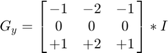 $$G_{y} = \left[{\matrix{
              -1 & -2 & -1 \cr
               0 &  0 &  0 \cr
              +1 & +2 & +1
          }}\right] * I$$